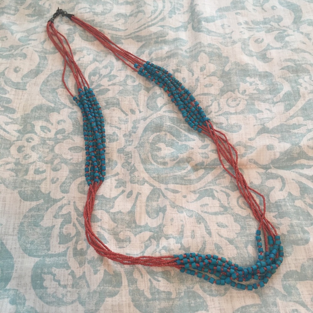 Turquoise and Red Long Beaded Necklace
